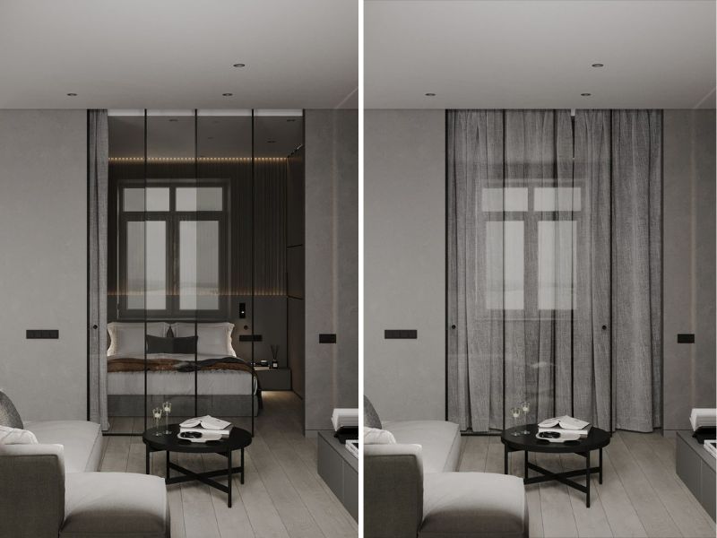 Cửa lùa slim không ray dưới - Giải pháp ngăn phòng ngủ tinh gọn, sang trọng