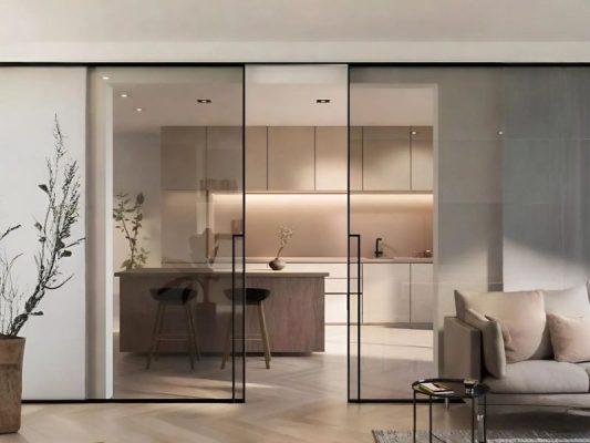 Thiết kế không gian bếp mở cùng cửa lùa slim không ray dưới