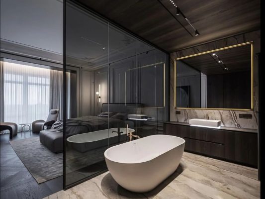 Thiết kế phòng tắm hiện đại với cửa lùa slim không ray dưới