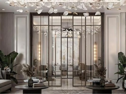 Cửa lùa slim không ray dưới có nan trang trí cho phòng khách sang trọng