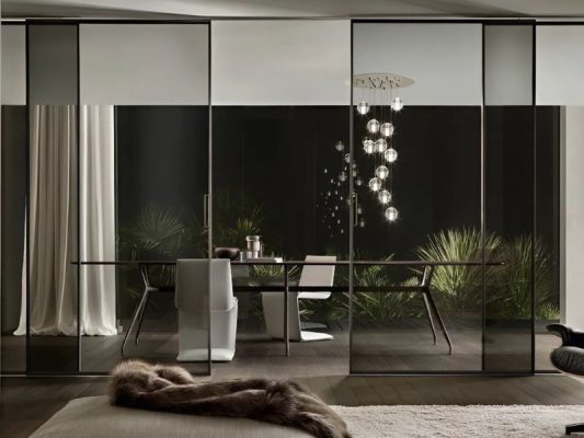 Cửa lùa slim không ray dưới kính đen mờ cho không gian hiện đại