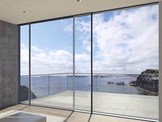 Cửa nhôm Anode Slim Panorama trong kiến trúc ven biển hiện đại