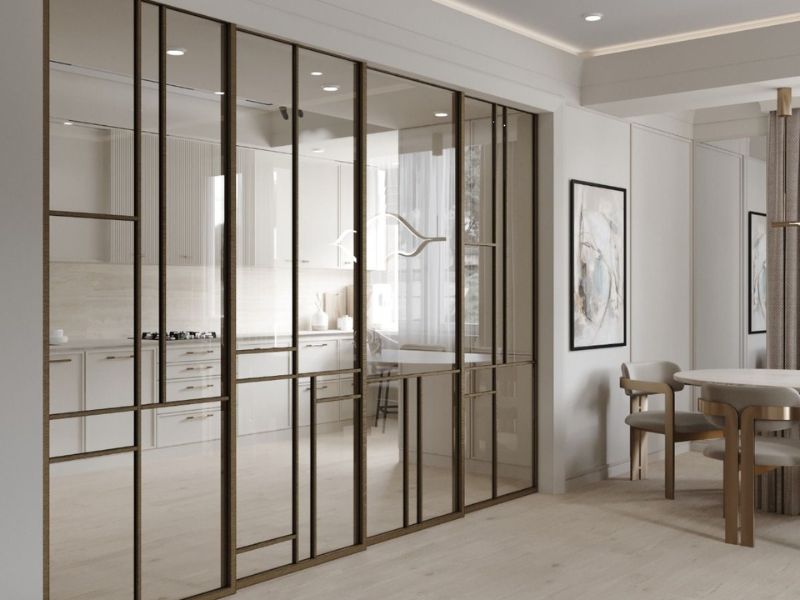 Tạo chiều sâu thị giác với cửa lùa slim không ray dưới có nan trang trí