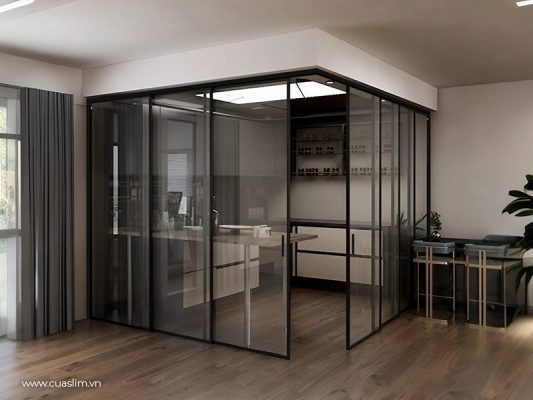 Cửa lùa slim không ray dưới vuông góc ngăn phòng linh hoạt cho nhà nhỏ